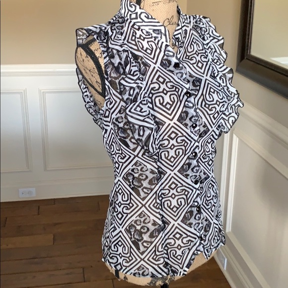 Lapis Sheer Patterned Ruffled Button Up Top EUC - Picture 7 of 8